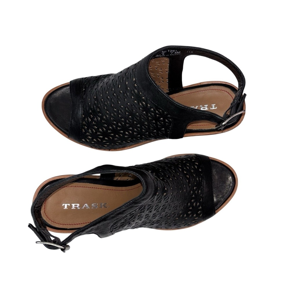 New Block Heel Leather Sandals Trask Womens 7.5 Black Leather Laser Cut NWOT - Picture 6 of 9